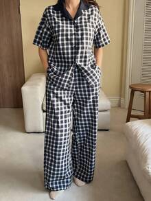 DAZY Plaid Contrast Collar Women Short Sleeve Button-Up Top And Pants Pajama Set - Blue - View 7