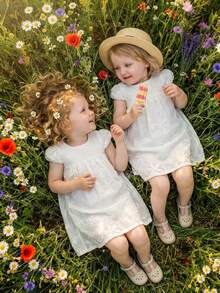 SHEIN Baby Girl Cute Crinkle Embroidered Fabric Dress, Suitable For Home, Outdoor, Vacation, Party And Other Occasions, Versatile, Spring/Summer - White - View 11