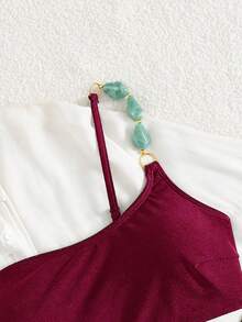 Swim Chiccia 女士夏季沙滩音乐节棕色亮面面料串珠单肩优雅比基尼套装 - 中紫紅色 - 查看 3