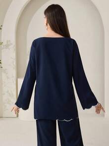 Veilorie 保守休闲波浪刺绣系带女式衬衫 - 藏蓝色 - 查看 8