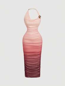 SHEIN MOD Damen Farbverlauf gerafftes Bodycon Midikleid mit Schulterausschnitt und Mesh, Herbst/Winter, Herbstkleidung für Damen, Party, Hochzeit, Hochzeitsgast Kleid, elegante Kleider für Damen, Rosa, Französischer Urlaubskleid, Terrassen Chill, Glamour Kleid, Tee Eleganz Kleid, Schulterfreie Kleider, Sonnenuntergang Farboutfit - Verschiedenfarbig - Übersicht 3