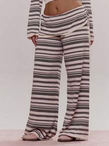 MUSERA Fold Over Waistband Stripe Knit Trousers Cute Cosy Spring Everyday Sugar Swizzle - Multicolor - View 2