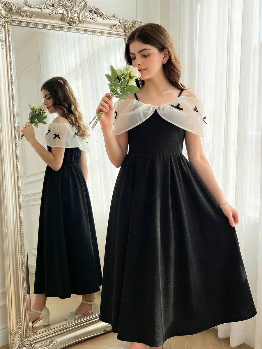 少女优雅公主复古贵族宴会派对吊带撞色收腰连衣裙 - 黑色 - 查看 1