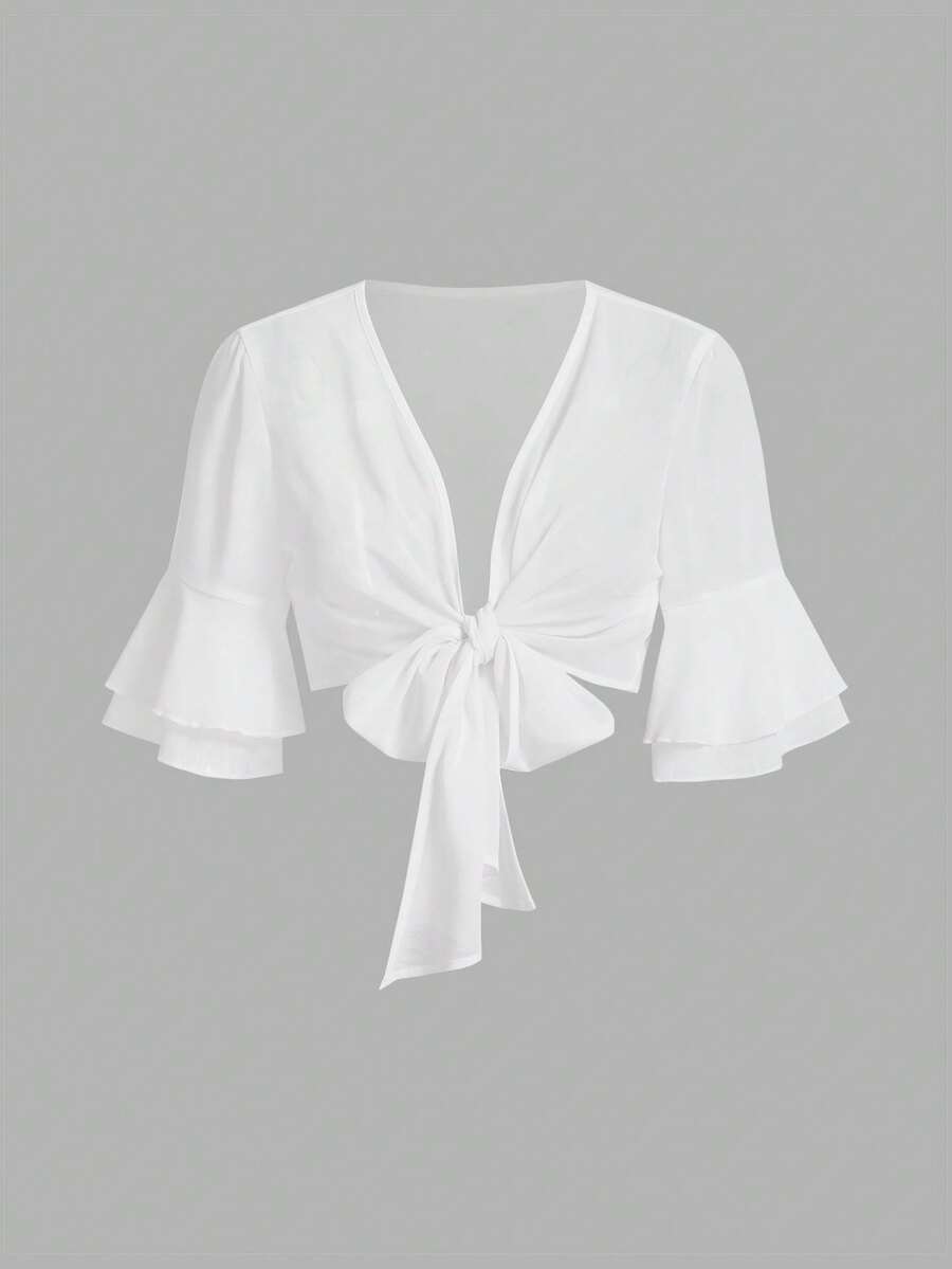 SHEIN Clasi Plus Size Solid Color Deep V-Neck Tie Front Casual Cropped Shirt - White - View 1