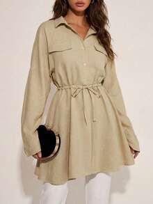 RueChic LONG SLEEVE TIED UP WAIST FLAP POCKET DRESS - Brown - View 1