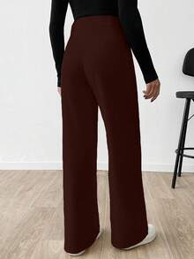 EURMUSE Women Solid Color Extra Wide Leg Pants - Brown - View 2