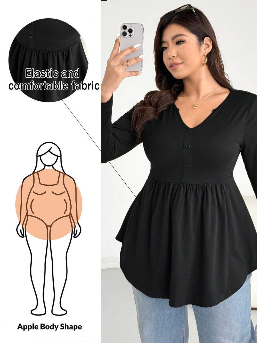 Shapeblank 大码女装春秋季时尚休闲弹力舒适日常百搭显瘦长袖束腰黑色T恤，外出上衣，曲线上衣，春季服装，简约风格 - 黑色 - 查看 1