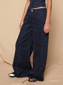 COUREZ 低腰超阔腿牛仔裤，靛蓝水洗纹理牛仔布/Y2K春季女装，可爱性感牛仔裤，外出穿搭，派对牛仔裤，夏季穿搭，两件套 - 藍色 - 查看 5