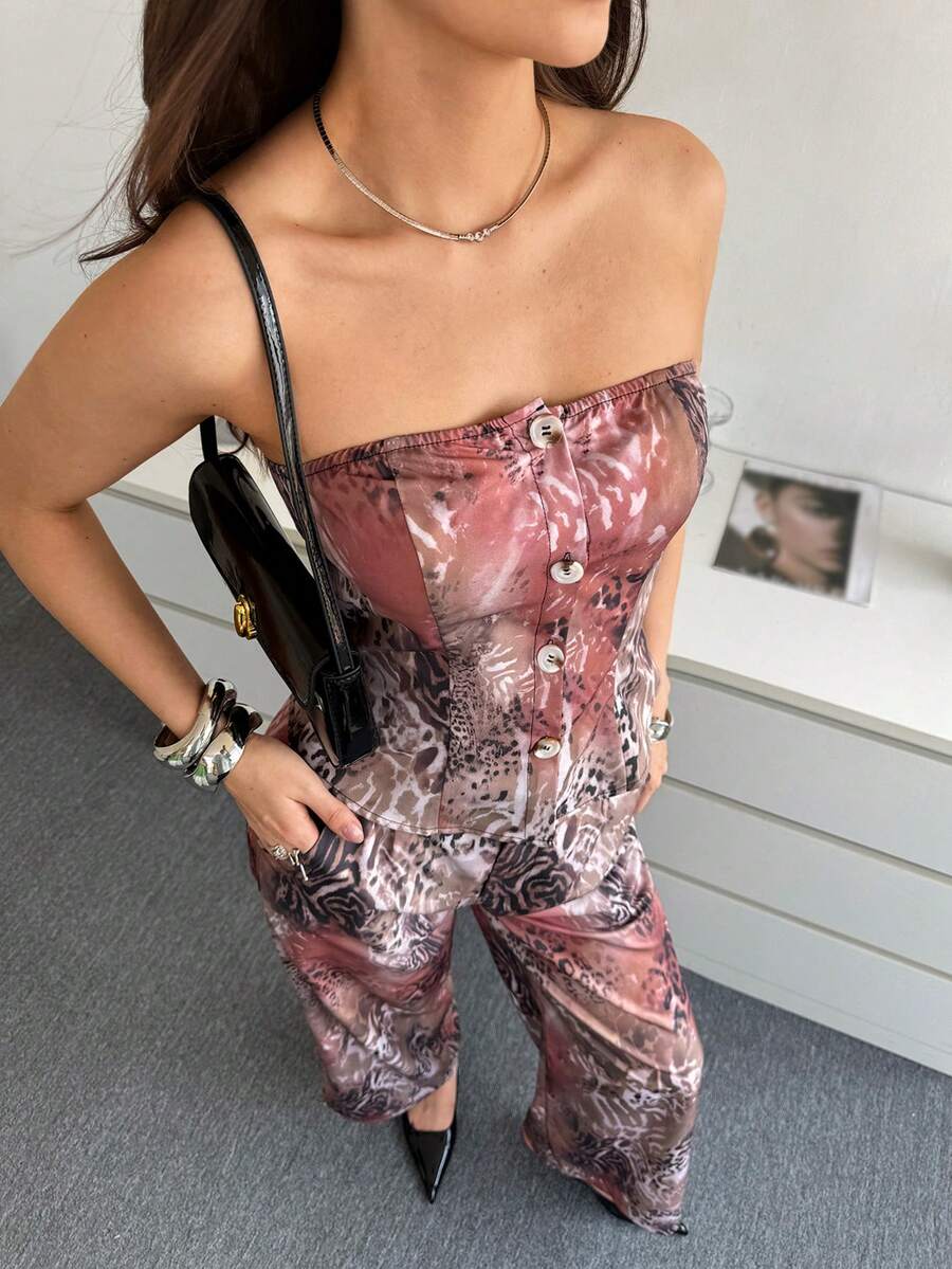 Modelyn Women's Leopard Print Single-Breasted Camisole Top And Pants Fashion 2 Pieces Set - Brown - View 1