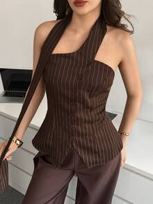 Modelyn Striped Asymmetric Single-Breasted Cinched Waist Women Top Pinstripe Top Summer Vacation - Coffee Brown - View 3