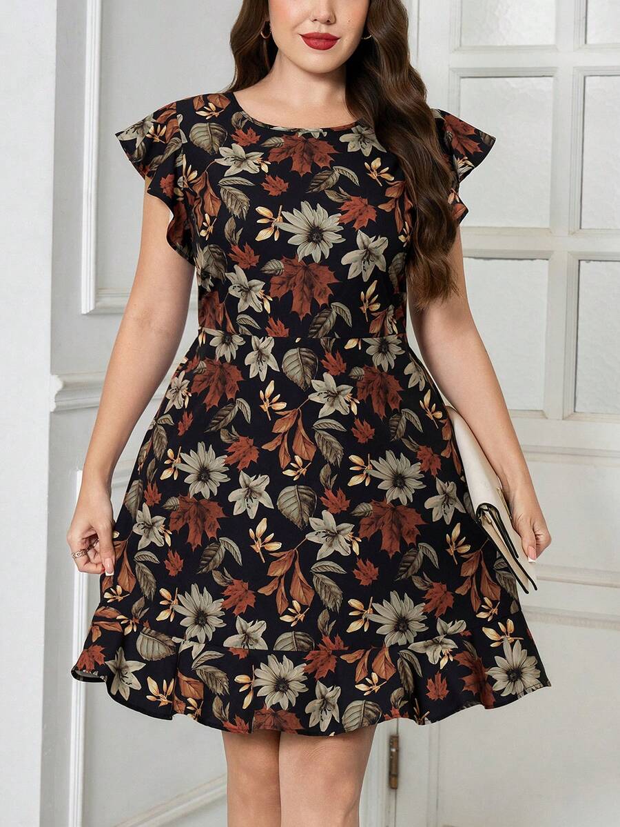 SHEIN Clasi 大码夏季休闲碎花荷叶边连衣裙 - 彩色 - 查看 1