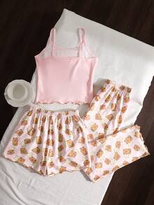 SHEIN 3pcs Tween Girls Casual Knit Pajama Set, Cute Cartoon Print Ruffle Trim Camisole, Long Pants & Shorts - Blue and White - View 2