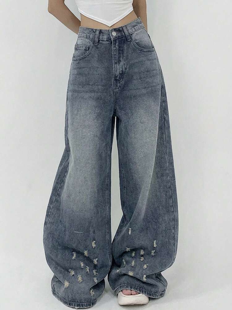 Distressed Washed Loose Wide Leg Jeans, Casual Street Style For Women, Spring/Autumn Y2k