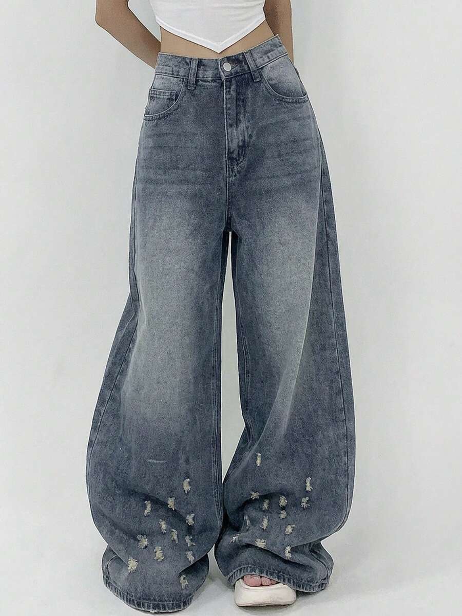 DAZY Quần jeans ống rộng dáng suông, phong cách đường phố thường ngày dành cho nữ, thích hợp cho mùa xuân/thu Y2K. - Màu xanh lam - Xem 1