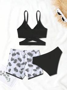 SHEIN 少女黑色树叶印花比基尼套装，休闲交叉露背纯色上衣和短裤泳装，时尚优雅，适合游泳、夏季度假、海滩、泳池、假日派对。三件套泳装，三件套短裤泳装，比基尼套装，夏季套装，三件套泳装，两件套夏季套装，三件套泳装，三件套短裤套装，两件套夏季套装，三件套泳装，三件套夏季泳装套装，热带印花短裤泳装。 - 黑與白 - 查看 2