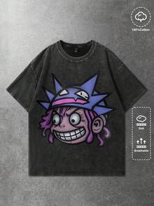 ROMWE MEN Street Life Spring Casual Graphic Men'S Funny Graffiti Portrait Print Washed Crinkle Short Sleeve T-Shirt, Summer - Black - View 1