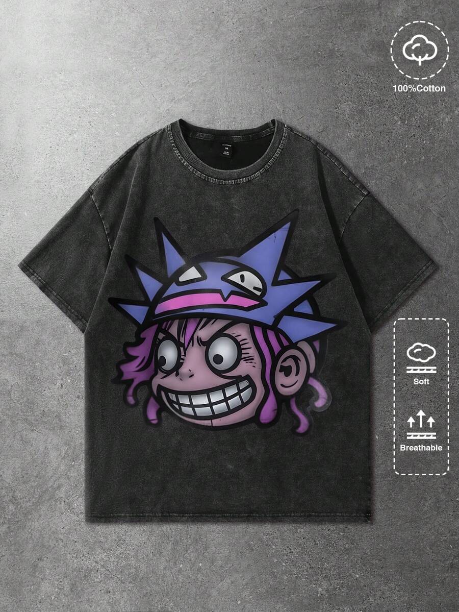 ROMWE MEN Street Life Spring Casual Graphic Men'S Funny Graffiti Portrait Print Washed Crinkle Short Sleeve T-Shirt, Summer - Black - View 1