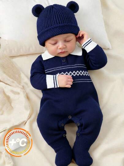 SHEIN Newborn Baby Boy/Girl Fall & Winter Clothes Outfit Set, Rompers, Bodysuits, Thickened Knitted Navy Blue Elegant Lapel Long Sleeve Jumpsuit Sweater, Comfortable Versatile Fashionable Casual Preppy Simple Basic Style, Suitable For Autumn/Winter, Long Sleeve Top, Winter Clothes, Christmas Party, Christmas Gift, Christmas Sweater