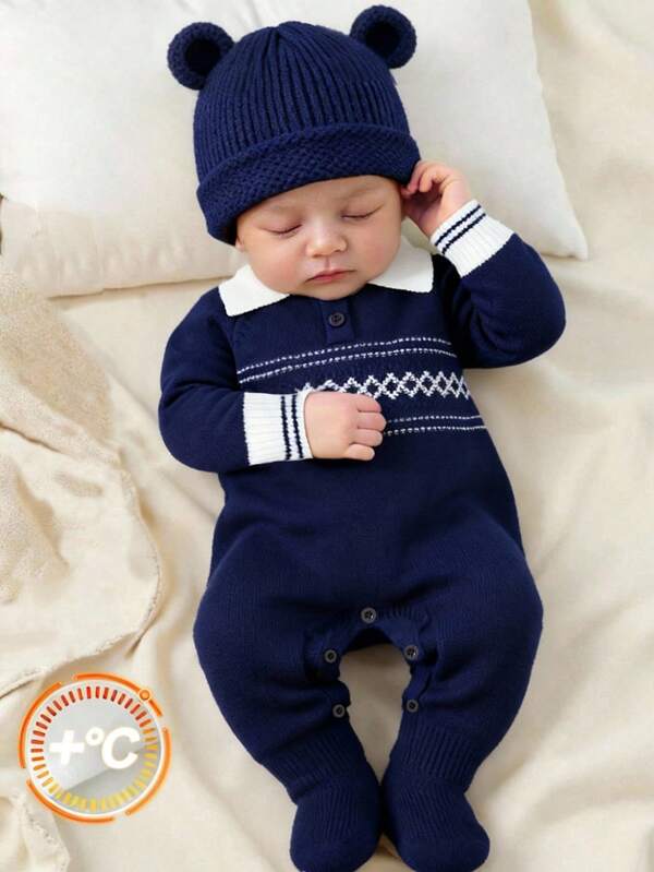 SHEIN Newborn Baby Boy/Girl Fall & Winter Clothes Outfit Set, Rompers, Bodysuits, Thickened Knitted Navy Blue Elegant Lapel Long Sleeve Jumpsuit Sweater, Comfortable Versatile Fashionable Casual Preppy Simple Basic Style, Suitable For Autumn/Winter, Long Sleeve Top, Winter Clothes, Christmas Party, Christmas Gift, Christmas Sweater