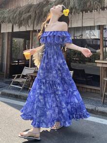 DAZY Women's Off-Shoulder Korean Style Ruffle Hem Dress, Vacation Wear - Purple - View 5