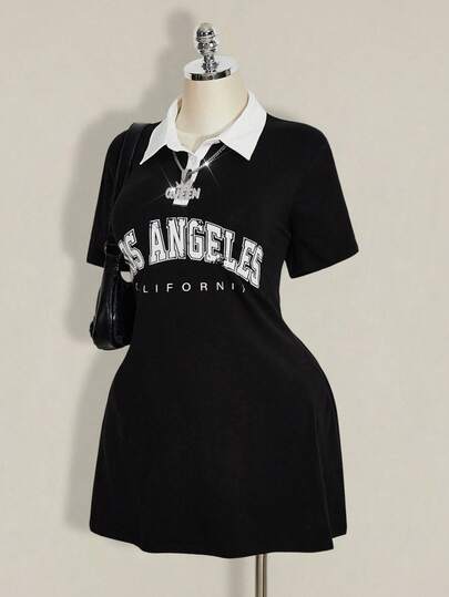 SHEIN ICON Women's Plus Size Casual Retro Preppy Style Sports Ball Game Outfit: Black And White Color Block Distressed Letter Pattern Polo Collar Half-Open Waist Fitted Short Sleeve Dress College Clothes School Clothes Women Sports Dress