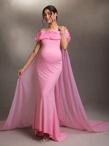 Cheriluna Maternity 优雅单肩花卉图案网纱长裙，孕妇写真风格 - 粉色 - 查看 1