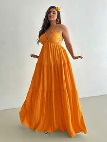 Firerie 大码女士雪纺露背吊带连衣裙，后背系带，适合度假、婚礼、外出、海滩约会 - 黃色 - 查看 3