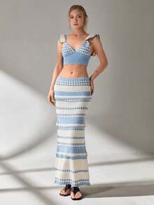SHEIN Cottnline Women Top And Skirt Openwork Sweater Cover Up Set - Baby Blue - View 3
