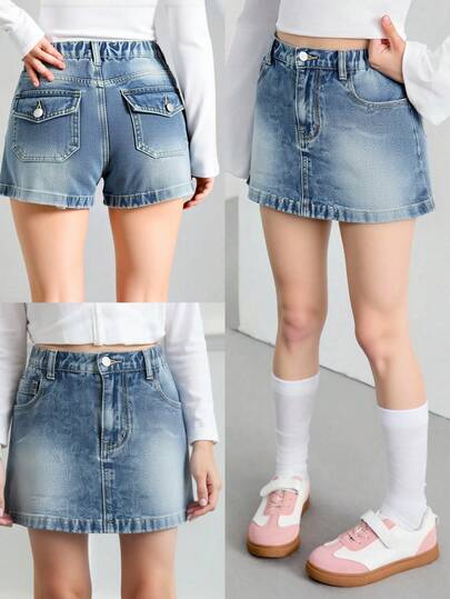 少女Y2K风格牛仔短裙，时尚户外上学款，水洗牛仔蓝，百搭舒适，弹性腰带，拉链闭合。