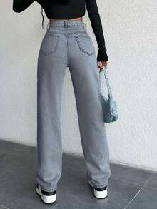 SHEIN PETITE Women's Simple Casual Pocket Button Straight-Leg Jeans - Baby Blue - View 2
