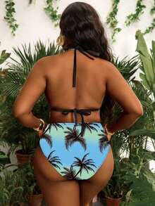 Slaydiva Plus Size Two-Tier Coconut Tree Print Tie-Front Sexy Summer Beach Bikini Set - Multicolor - View 2