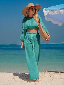 Swim Vcay Bộ đồ nữ gồm áo kiểu trễ vai tay loe và quần dài dệt màu trơn, kiểu dáng thường ngày, thời trang và tôn dáng. - màu xanh lá - Xem 6