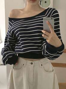 DAZY 女士宽松不对称肩条纹长袖卫衣 - 藏蓝色 - 查看 7