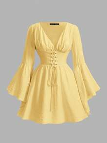 SHEIN MOD Đầm dạ hội cỡ lớn, đầm dự tiệc có tay, đầm nữ tay loe thắt eo. - Màu vàng - Xem 1