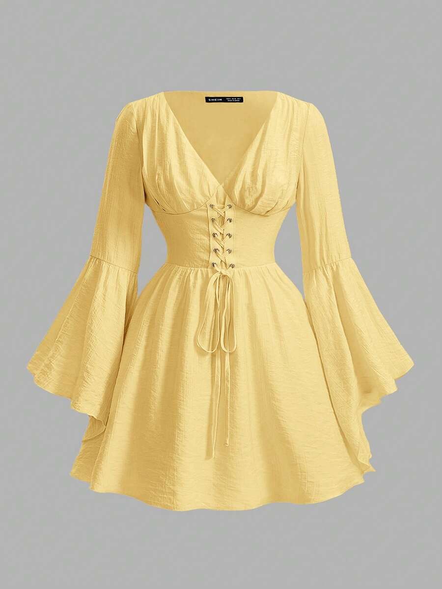 SHEIN MOD Đầm dạ hội cỡ lớn, đầm dự tiệc có tay, đầm nữ tay loe thắt eo. - Màu vàng - Xem 1