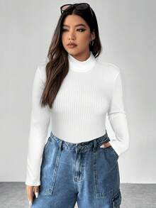 SHEIN EZwear Bộ đồ liền thân dài tay tối giản màu trơn cỡ lớn dành cho nữ, mặc hàng ngày - trắng - Xem 3