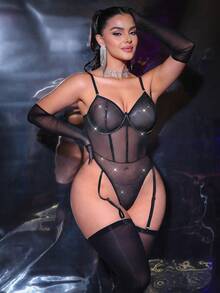MidnightGlam 5件套闪亮网纱连体裤，金属链条装饰，性感女式连体裤套装 - 黑色 - 查看 4
