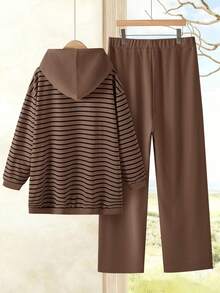 EMERY ROSE 2pc Set  Plus Size Women Casual Striped Hoodie Jacket And Pants Set With Pockets, Spring Break Outfits ,Vacation Outfits Women ,Holiday Outfits For Women,Going Out Outfits,2026 New Clothes,Simple And Fashionable For Everyday Wear,2pcs Plus Size Women Casual Striped Hoodie Jacket And Pants Set With Pockets, ,Women's Lounge Set, Ladies Casual Sets,Holiday Outfits For Women,Spring Outfit Women,2 Pieces Lounge Sets Woman, Striped Set, Lounge Wear,Summer, Brown Set Women, Brown Two Piece, Striped Hoodie Set,Daily Wear - Brown - View 2