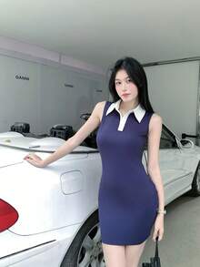 K-Vae 撞色 Polo 领无袖连衣裙，甜美别致的学院风 - 藍色 - 查看 7