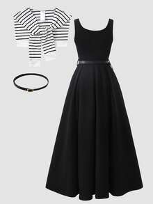 SHEIN 少女休闲度假通勤极简主义束腰伞裙连衣裙搭配条纹水手披肩 - 黑與白 - 查看 2