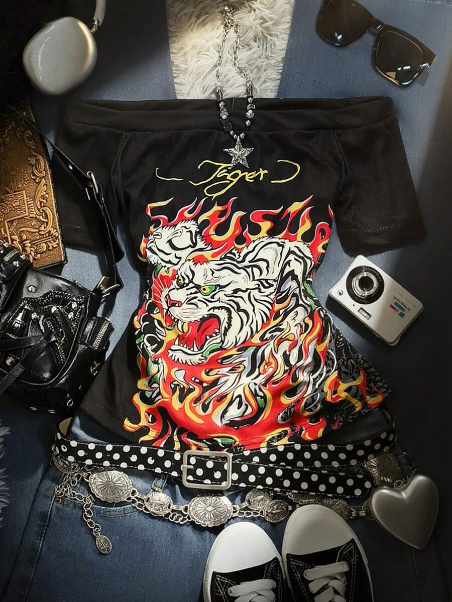 SHEIN 女士Y2K露肩个性化印花短袖T恤，夏季女装，时尚，Y2K辣妹 - 彩色 - 查看 1