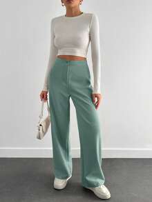 EURMUSE Women's Solid Color High Waist Wide Leg Casual Suit Pants - Mint Green - View 5