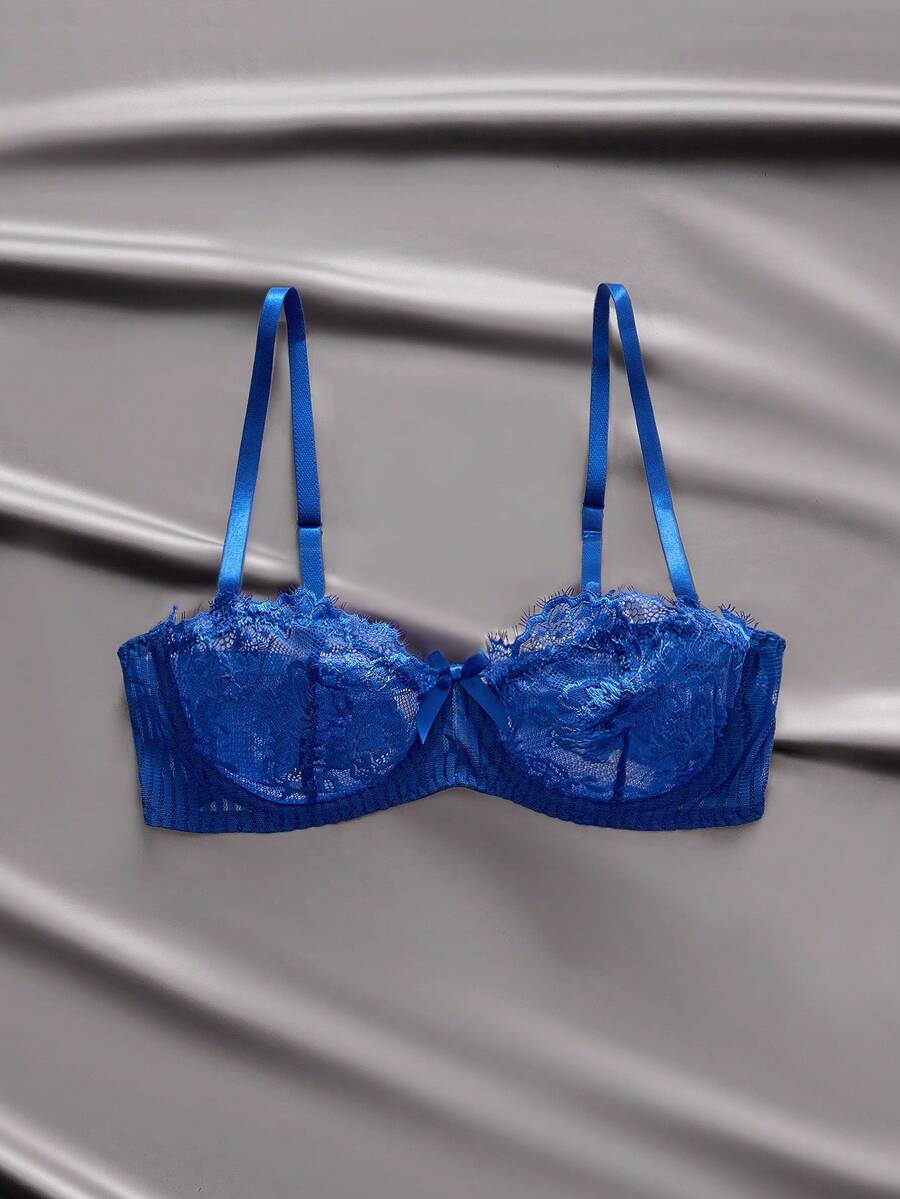 EmpressEnvy 蓝色蕾丝拼接薄纱浪漫法式优雅性感女士内衣 - 寶藍色 - 查看 1