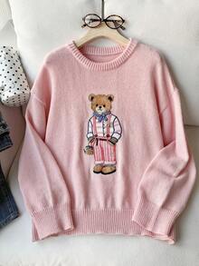 Comfortcana Fashionable Pink Crew Neck Knitted Teddy Bear Sweater - Pink - View 6