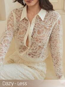 Dazy-Less 春夏优雅蕾丝两件套，休闲衬衫上衣搭配直筒裤，通勤装，复古富贵风 - 米色 - 查看 1
