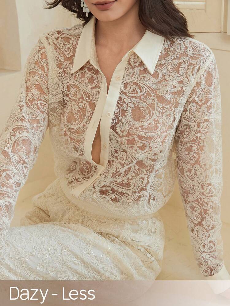 Spring/Summer Elegant Lace 2-Piece Set, Casual Shirt Top And Straight Leg Pants Suit, Commuting Outfit, Old Money Style