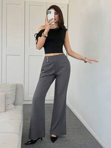 Modelyn Women's Solid Color Waist Button Design Pocket Straight Leg Casual Pants, Suitable For Work Gray Pants Office Pants Business Pants Business Casual Women Pants Elegant Pants For Women - Grey - View 7
