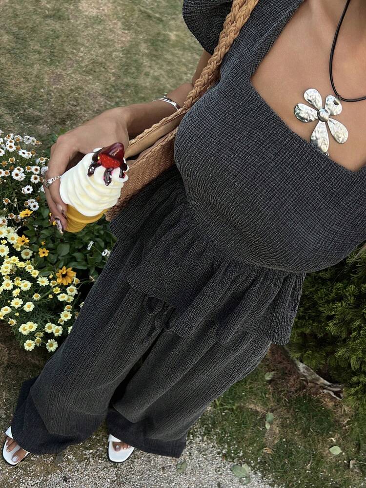 2pcs Women Summer Casual Solid Color Ruffle Hem Top And Wide Leg Pants Set