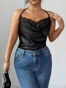 SHEIN Clasi Women's Elegant French Lace Satin Camisole - Black - View 3