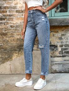 Breezaya Quần jeans nữ cỡ lớn cạp cao, có túi, kiểu dáng rách, thoải mái, đa năng. - Rửa tối - Xem 4